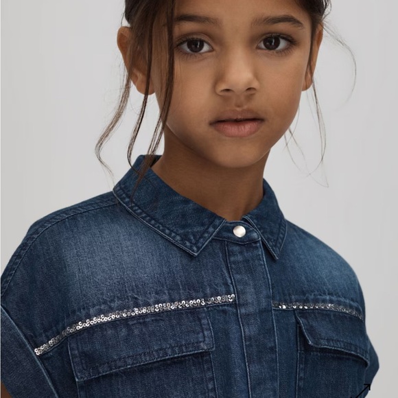 Reiss Kids Sandie Rhinstone Denim Shirt - Light Wash - Picture 2 of 11